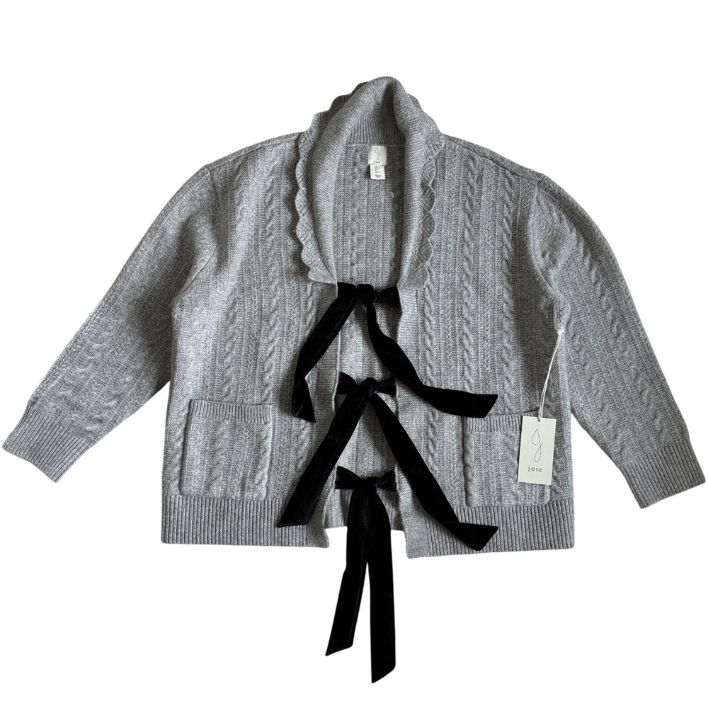 Joie Heather Gray Cable Knit Cardigan Scalloped Shawl Collar Velvet Bows NWT L